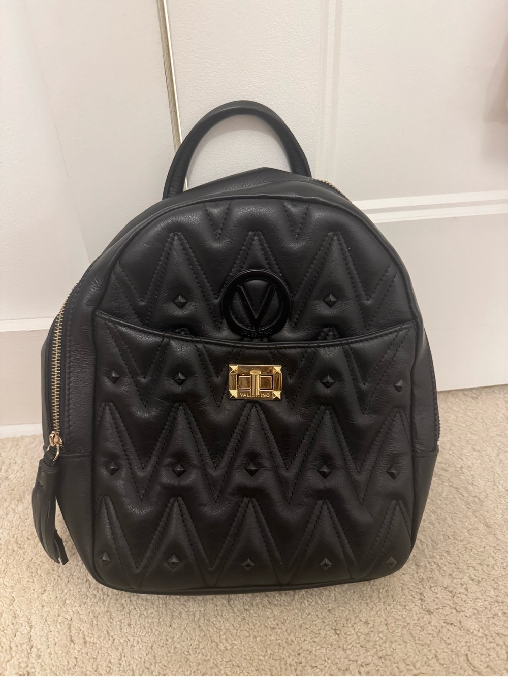 Valentino Black Quilted Leather Backpack with Gold Hardware